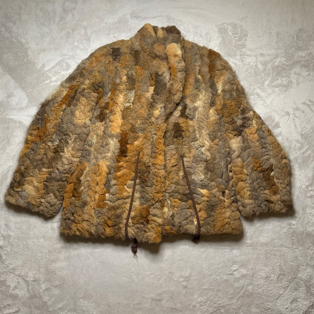 Vtg 70s Neiman Marcus Rabbit Fur Patchwork Coat Womens XS/S Drawstring Luxury